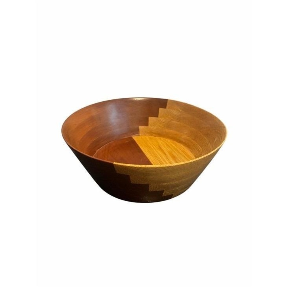 Artisan Two Tone Wooden Bowl Stepped Geometric Design Mid Century Modern Style